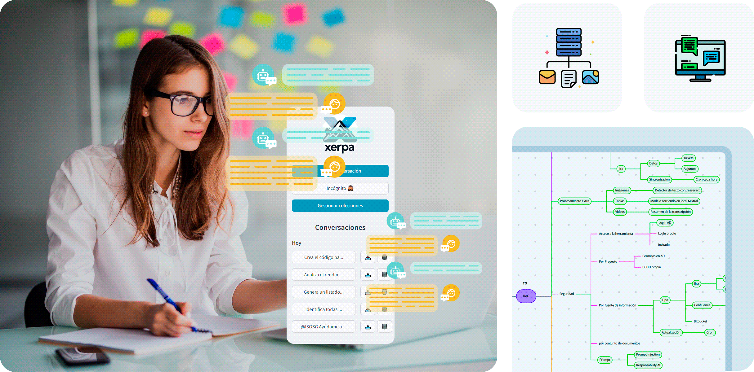 Mujer usando Xerpa en un ordenador con integración de múltiples formatos como MP4, PDF, DOC