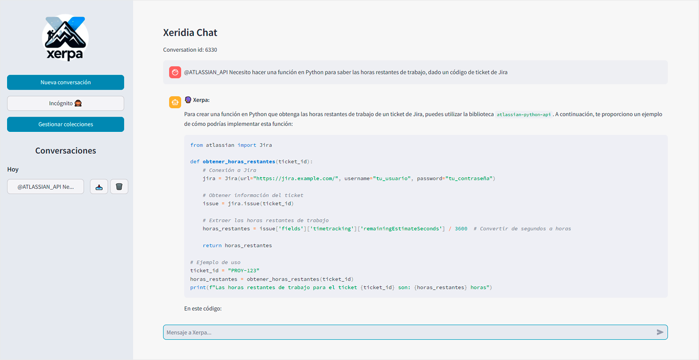 Interfaz del chatbot Xerpa realizando una búsqueda con datos reales en tiempo real